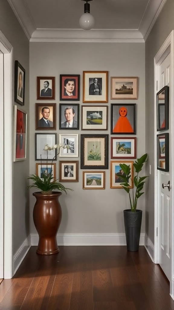A stylish entry foyer featuring a wall of framed artwork and plants.