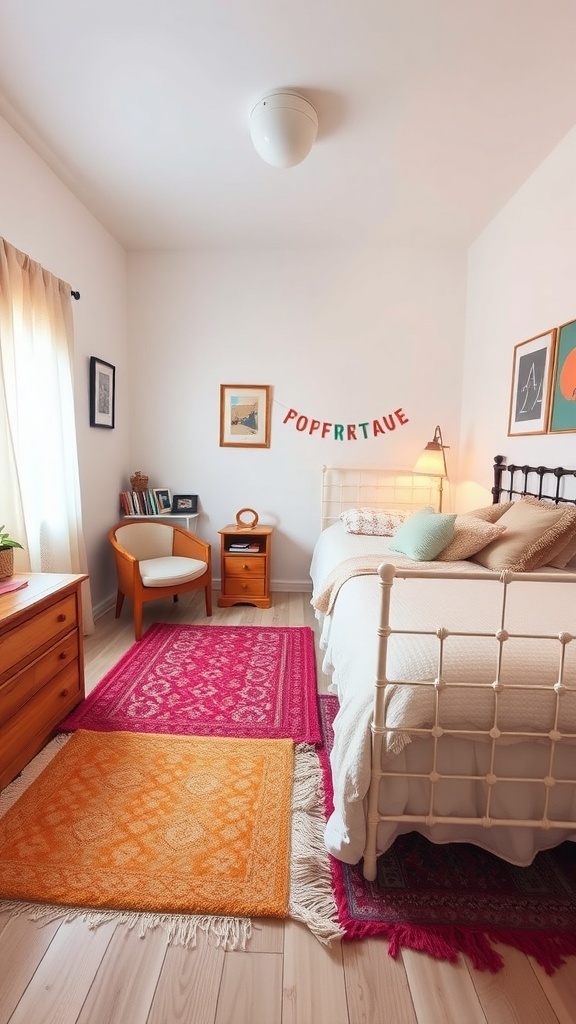 A small bedroom featuring colorful area rugs that create distinct zones for sleeping and reading.