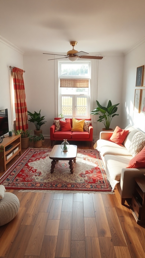 A cozy small living room featuring a red couch, a coffee table on an ornate area rug, and plants.
