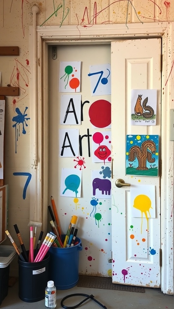 A colorful art door decorated with various art pieces and splatters in an art classroom.