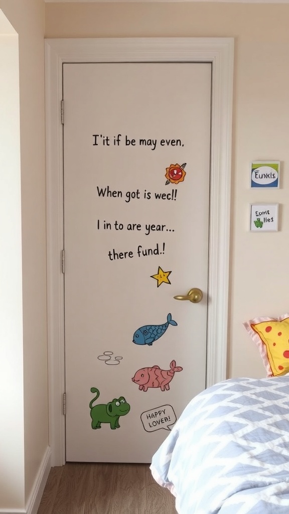 A colorful bedroom door decorated with playful animal and fish illustrations along with whimsical text.