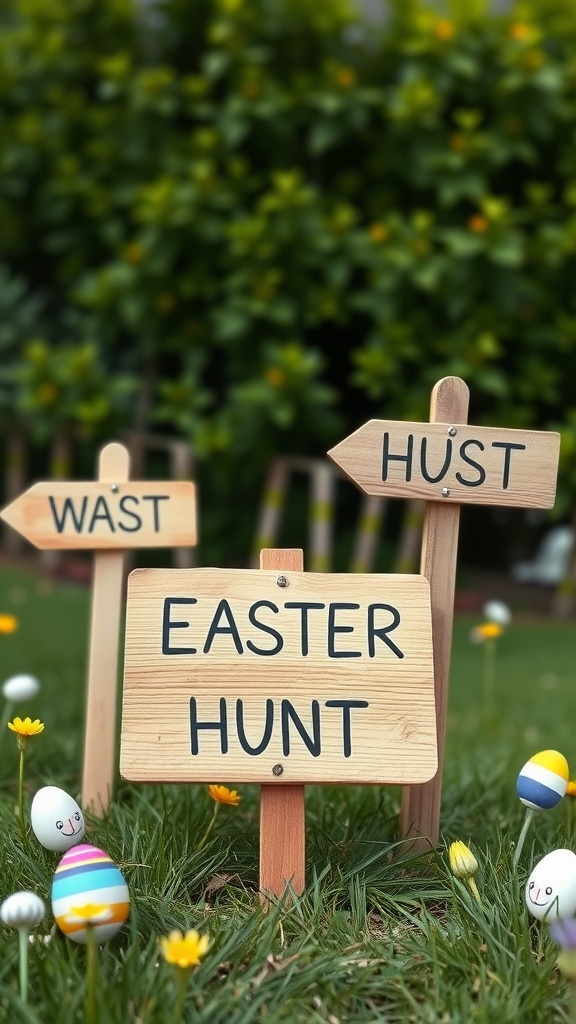 Wooden signs indicating an Easter egg hunt with decorative eggs and flowers.