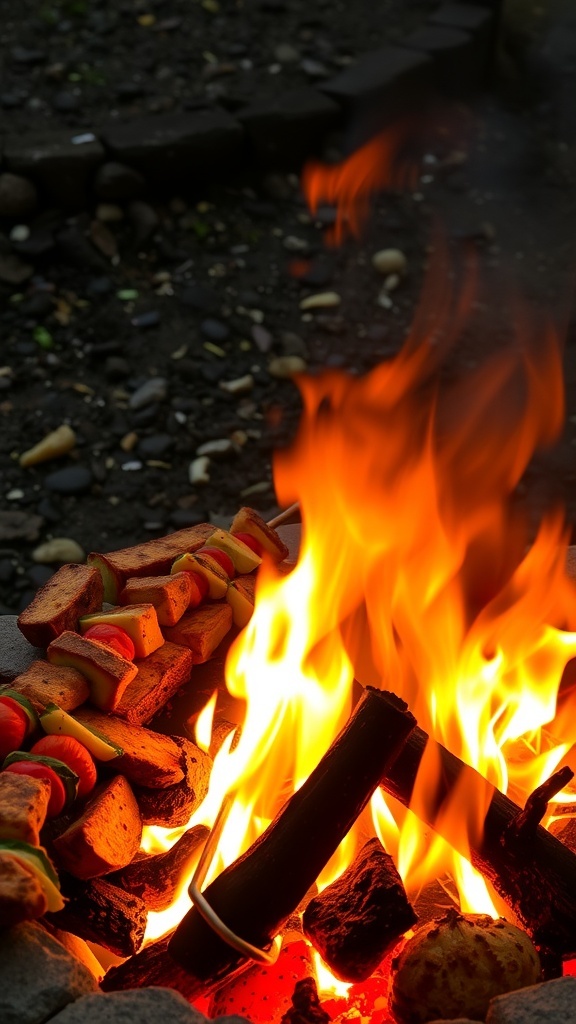 A fire pit with skewers of vegetables cooking over the flames.
