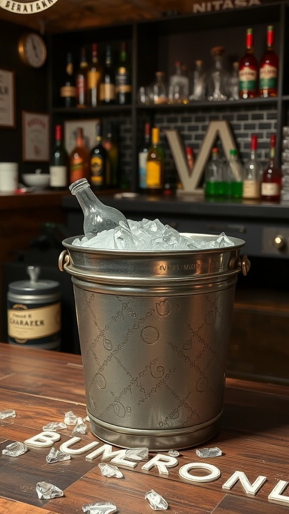 A metallic ice bucket filled with ice and a bottle, set on a bar counter.