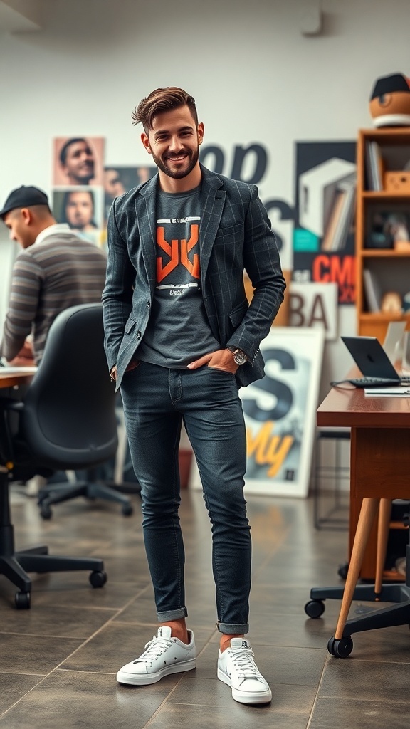 A man in a stylish blazer over a graphic tee, paired with dark jeans and white sneakers, standing confidently in a creative workspace.