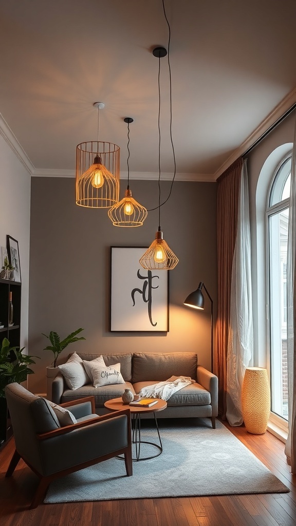 Cozy living room with stylish pendant lights, a floor lamp, and a decorative lamp, creating a warm atmosphere.
