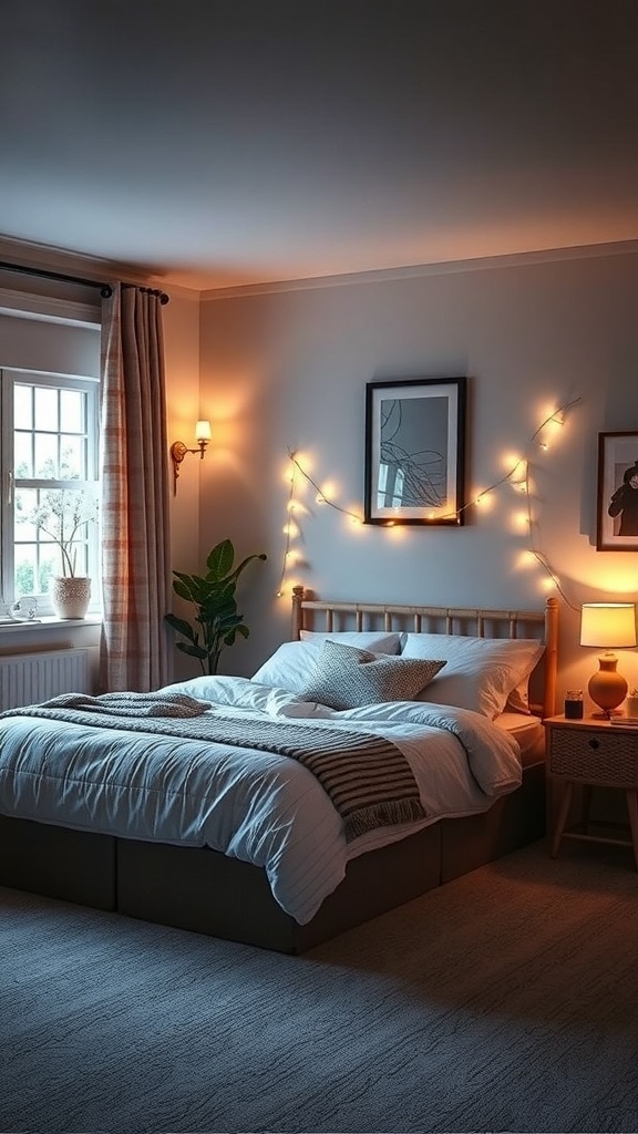 A cozy guest bedroom with warm lighting, string lights, and a comfortable bed.