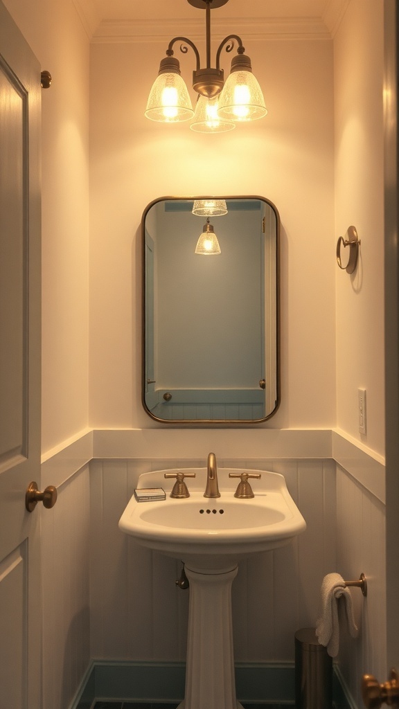 A stylish powder room with a light fixture, mirror, and sink, showcasing creative lighting solutions.
