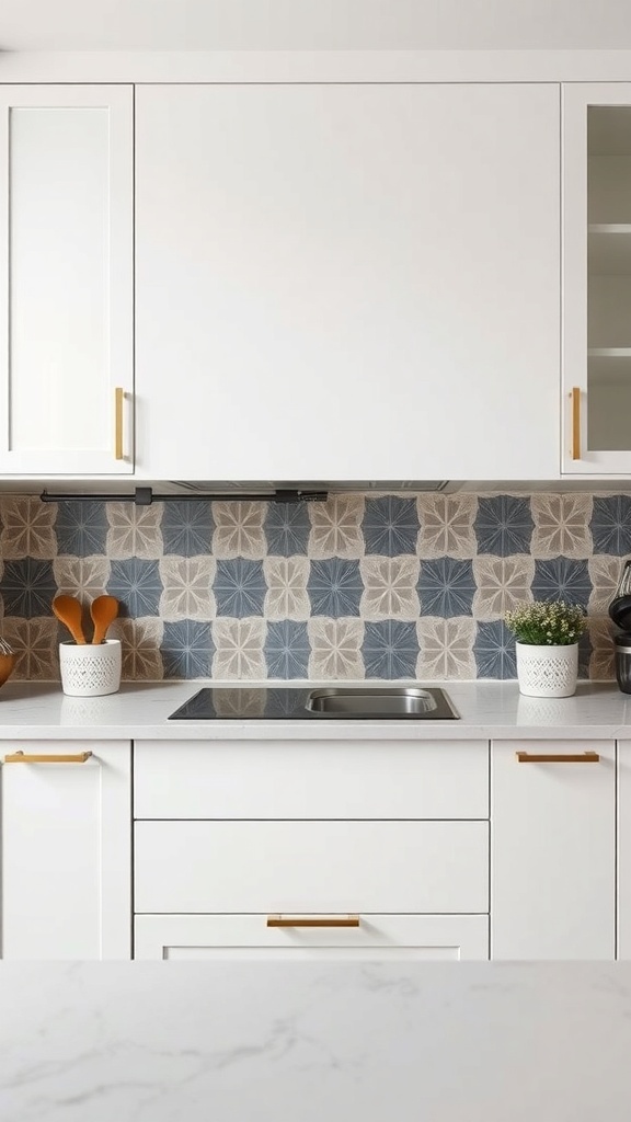 A modern kitchen with a patterned backsplash featuring blue and beige tiles, white cabinets, and a sleek countertop.