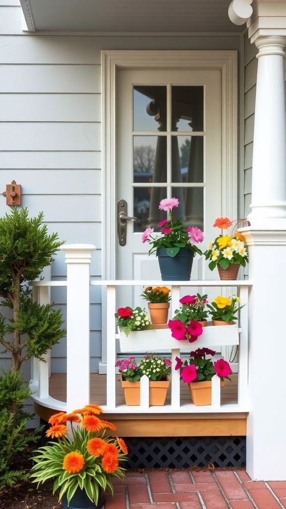 A charming tiny front porch featuring creative rail planters filled with colorful flowers.