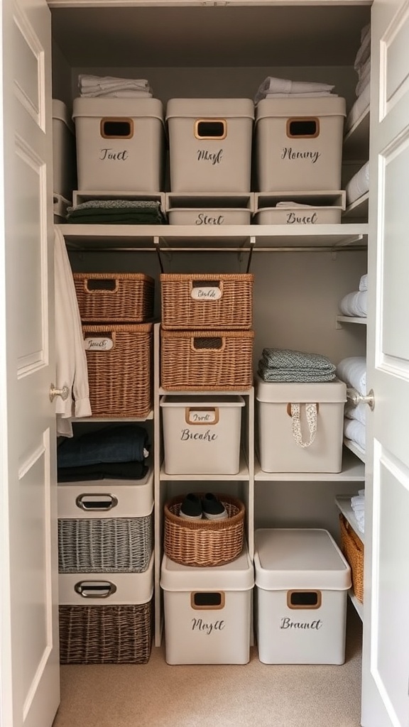 Organized small closet with labeled storage bins and woven baskets.