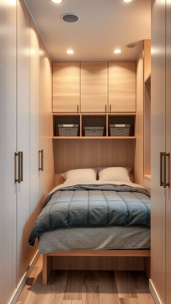 A small room with a bed, built-in shelves, and cabinets, showcasing creative storage solutions.