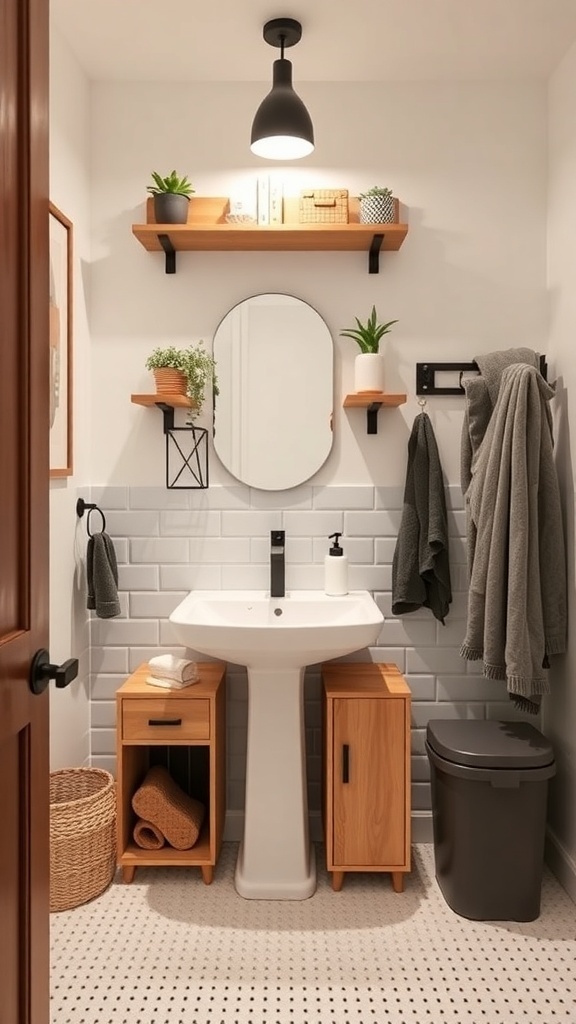 A compact half bathroom featuring a sink, wooden storage units, floating shelves with plants, and a round mirror.