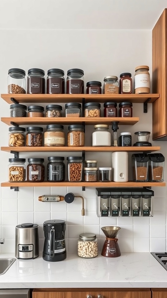 A stylish home coffee bar with organized shelves, clear jars, and a coffee maker.
