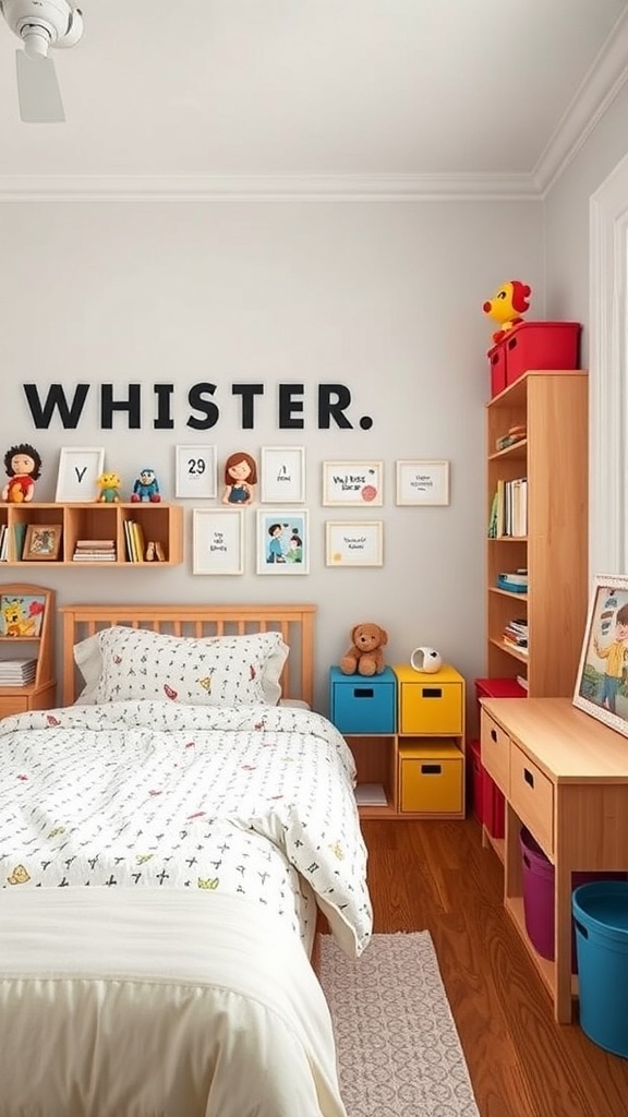 Whimsical bedroom showcasing creative storage solutions with colorful bins and shelves.