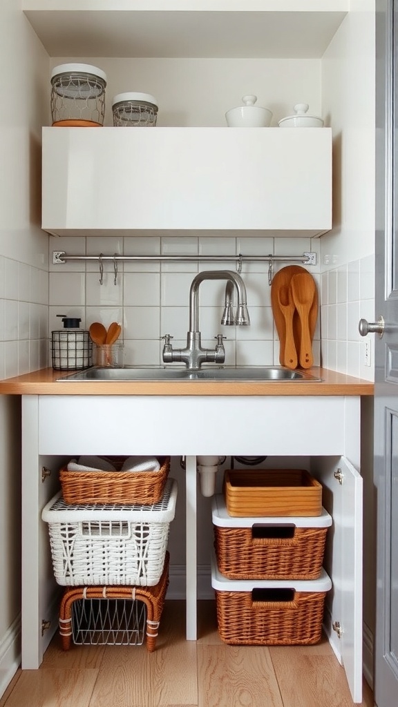 Organized under-sink storage with baskets and shelves in a small kitchen.