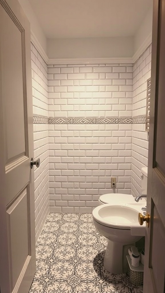 Small modern bathroom with white subway tiles and patterned floor tiles.