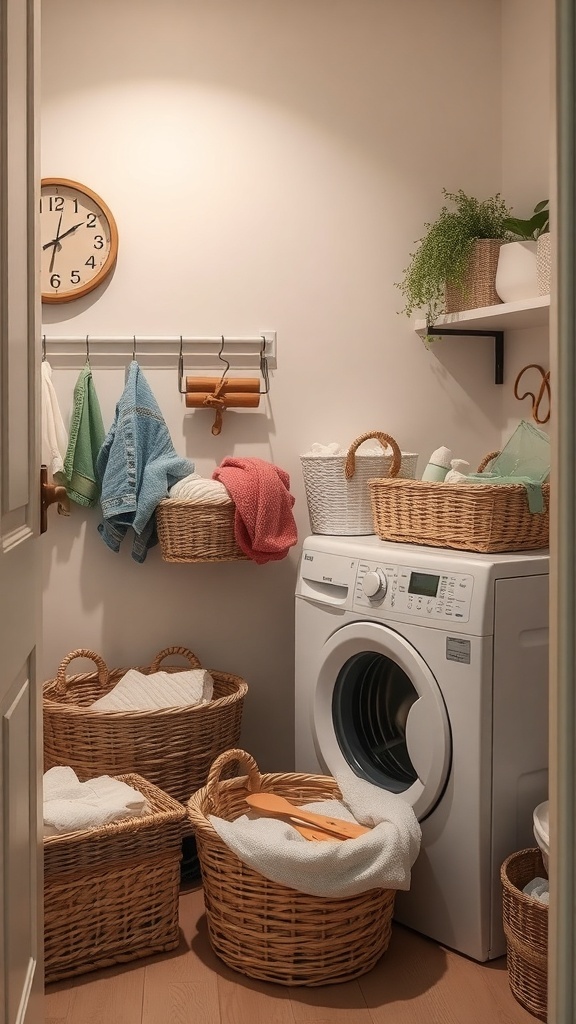 A small laundry room featuring a washing machine, various woven baskets for organization, and colorful towels hanging on hooks.