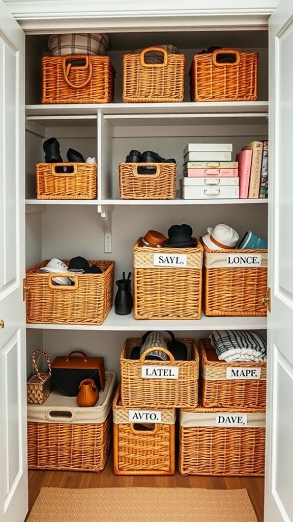 A well-organized closet featuring various labeled woven baskets for storage.