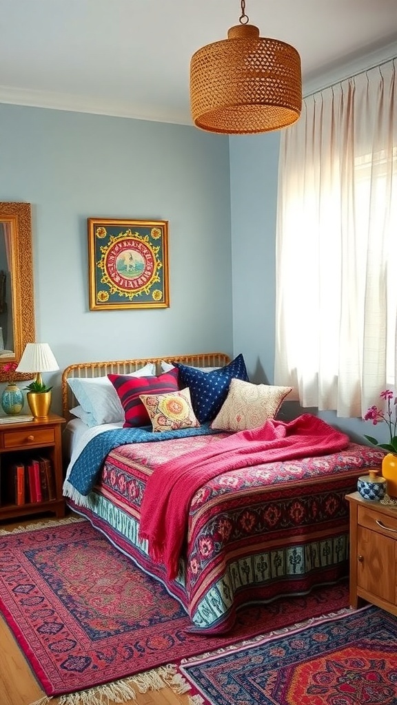 A boho bedroom featuring colorful bedding, patterned pillows, and woven decor.