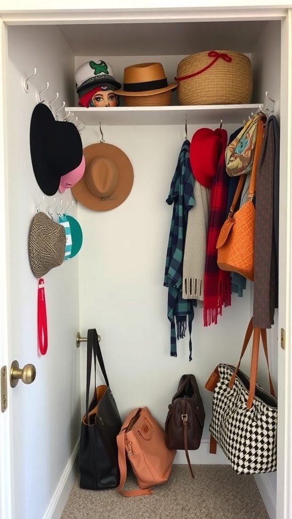 A small walk-in closet featuring a variety of hats, bags, and scarves neatly organized on hooks and racks.