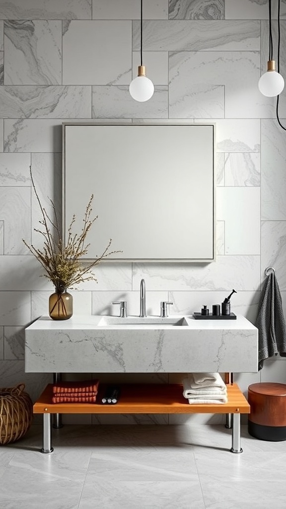 A modern bathroom vanity featuring a marble countertop, orange shelf, and stylish accessories.