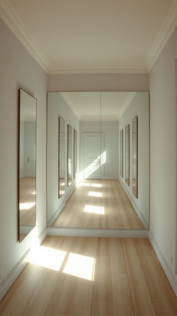 A small room with multiple mirrors reflecting light, creating an illusion of space.