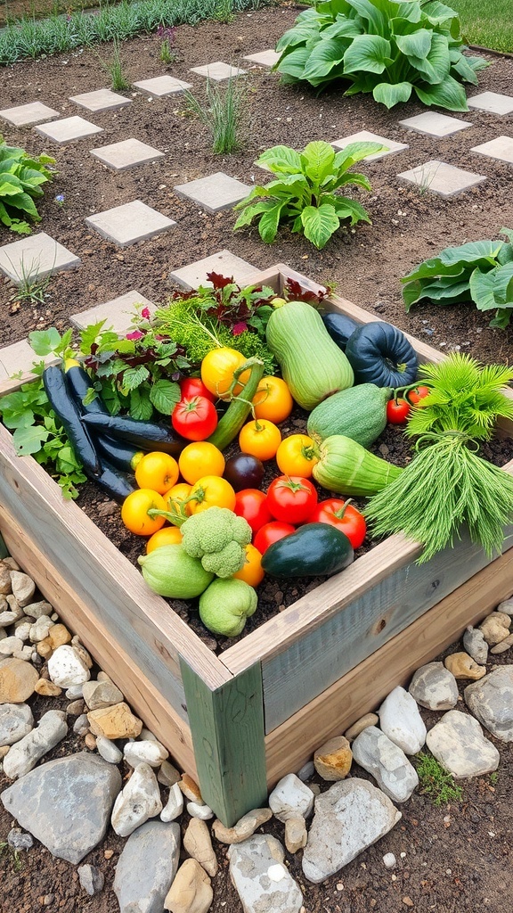 A raised garden bed filled with colorful vegetables including tomatoes, zucchini, and broccoli, surrounded by stones.