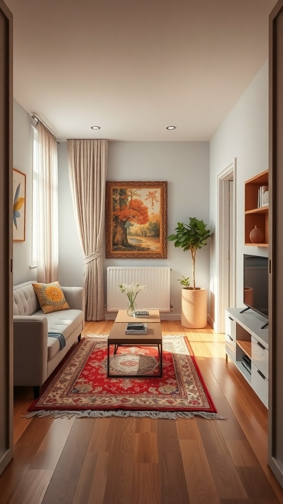 A cozy living room with a red patterned rug, a sofa, a coffee table, and a potted plant.
