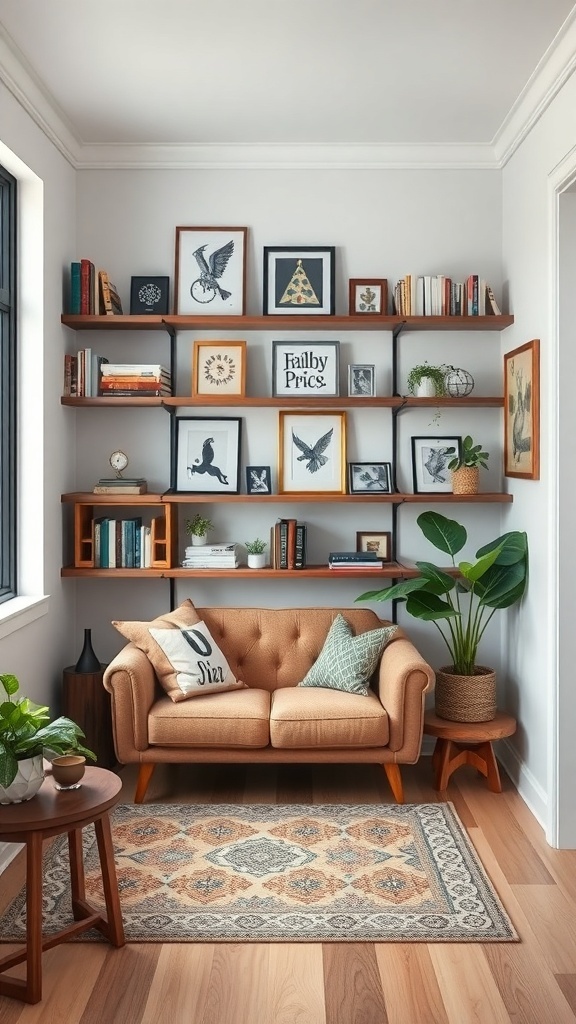 A cozy small sitting room with shelves displaying books and artwork.