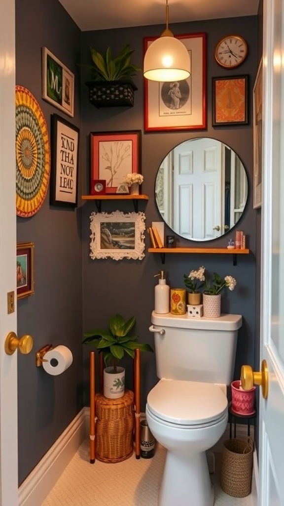 A small bathroom featuring a variety of wall art, plants, and decorative items.