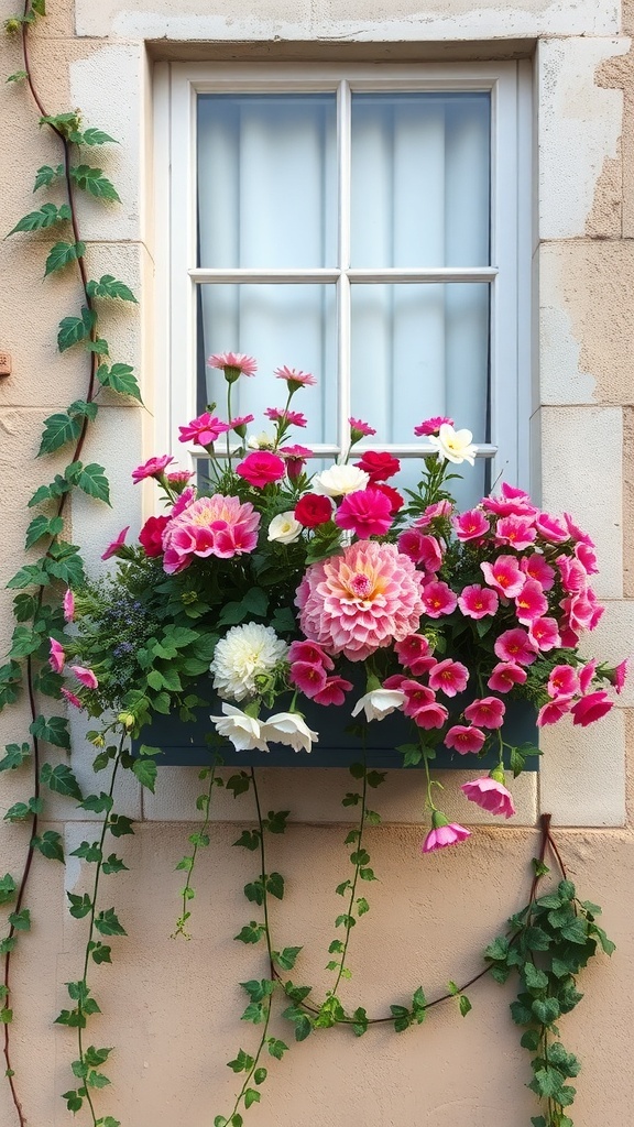 A vibrant window box filled with pink and white flowers, complemented by trailing green vines.