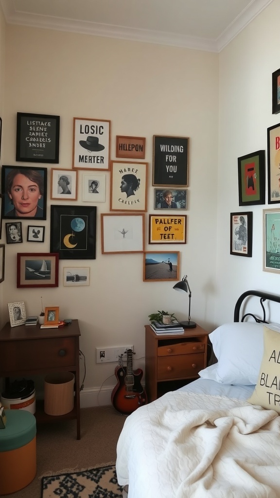 A small bedroom with a creative wall art arrangement featuring various framed artworks.