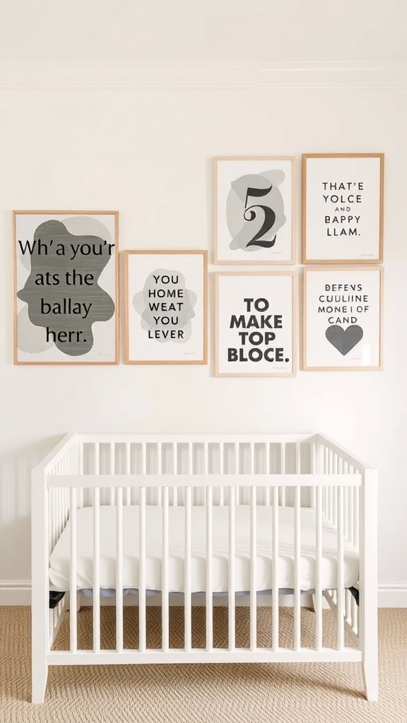 A gender-neutral nursery wall with framed prints above a white crib.