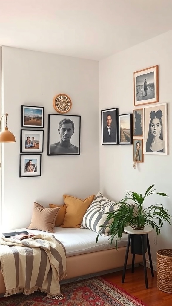 Cozy corner of a studio apartment with a mix of framed photos, a clock, a daybed, and a plant.