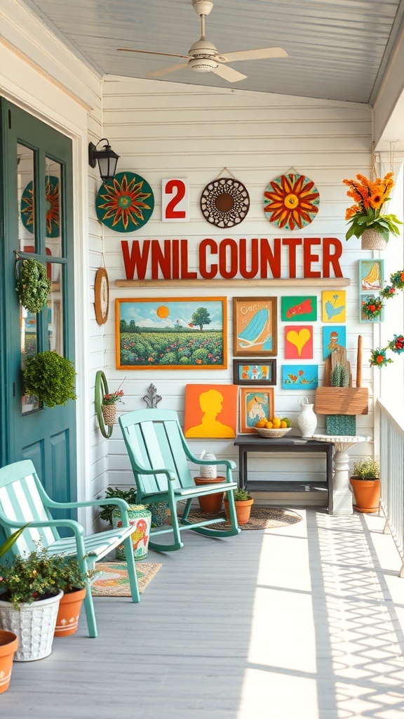 A summer porch decorated with colorful wall art, plants, and seating.