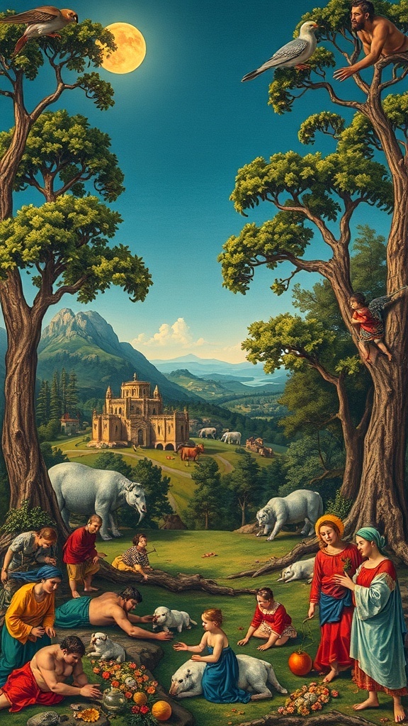 A vibrant scene depicting the Garden of Eden with people, animals, and lush greenery.