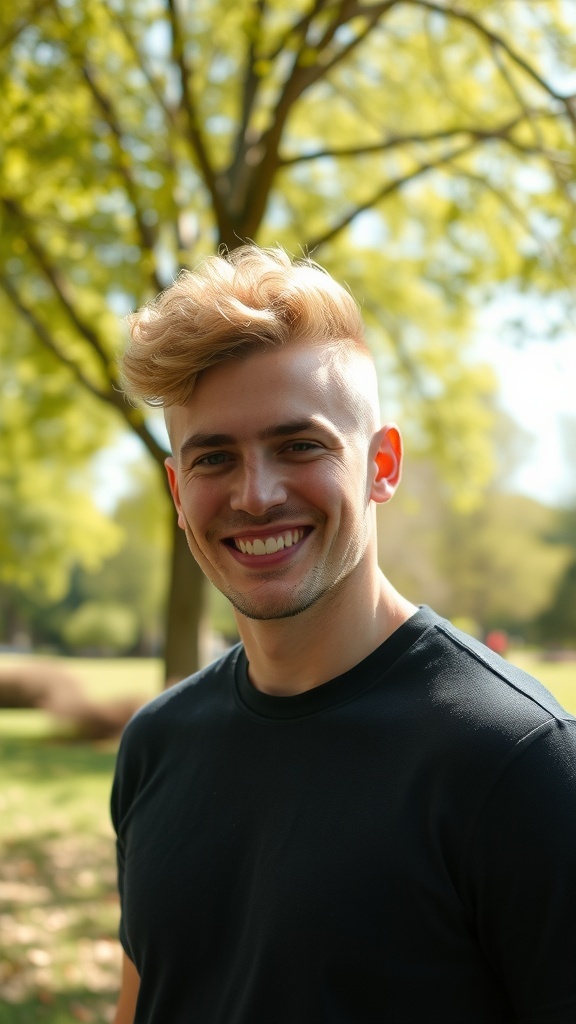 A young man with curly blonde hair styled with a side part, smiling outdoors.