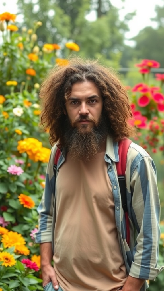 A man with curly hair and a long beard standing in a garden filled with colorful flowers.