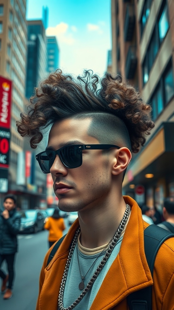 A stylish man with curly hair and sunglasses in an urban setting.