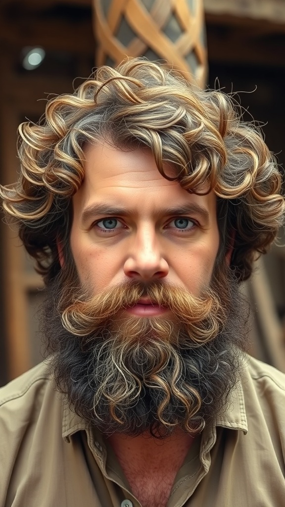 A man with curly hair and a full beard, showcasing a stylish and rugged look.