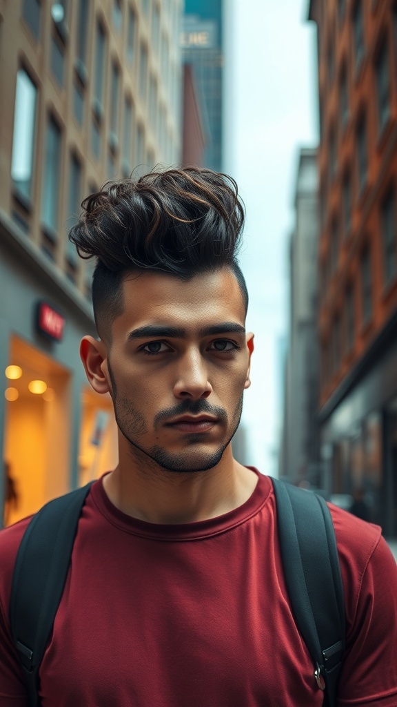 A man with a curly pompadour hairstyle, standing in an urban setting.