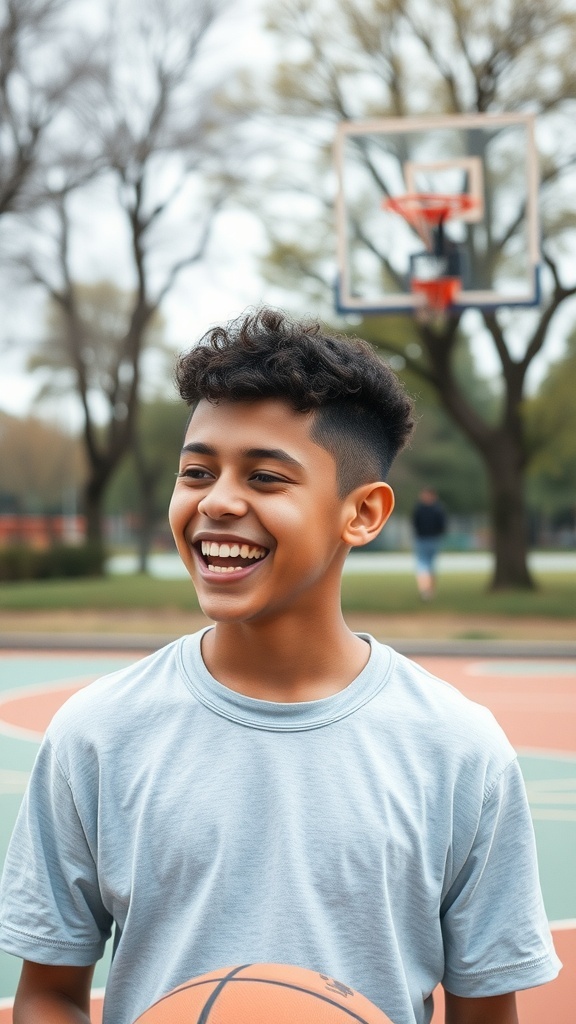 A young boy with curly hair and a fade haircut, smiling while holding a basketball on a court.