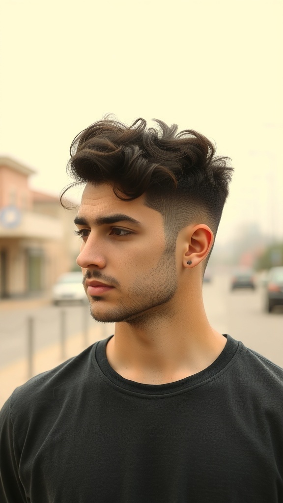 A young man with curly hair on top and faded sides, wearing a black t-shirt.