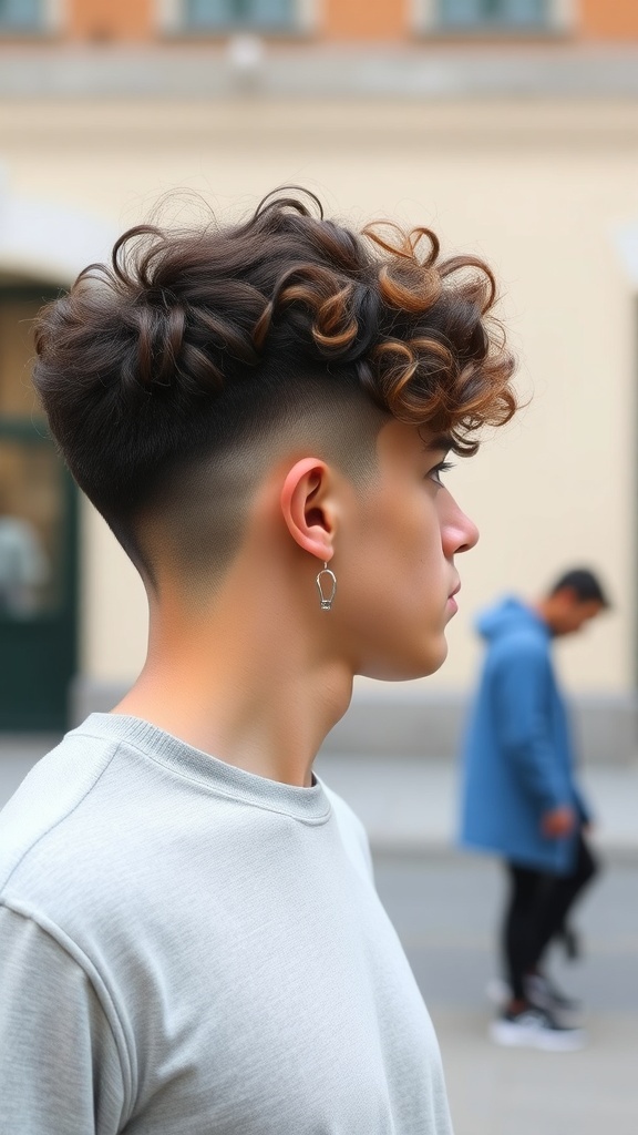 A young man with a curly undercut hairstyle, featuring bouncy curls on top and shaved sides.