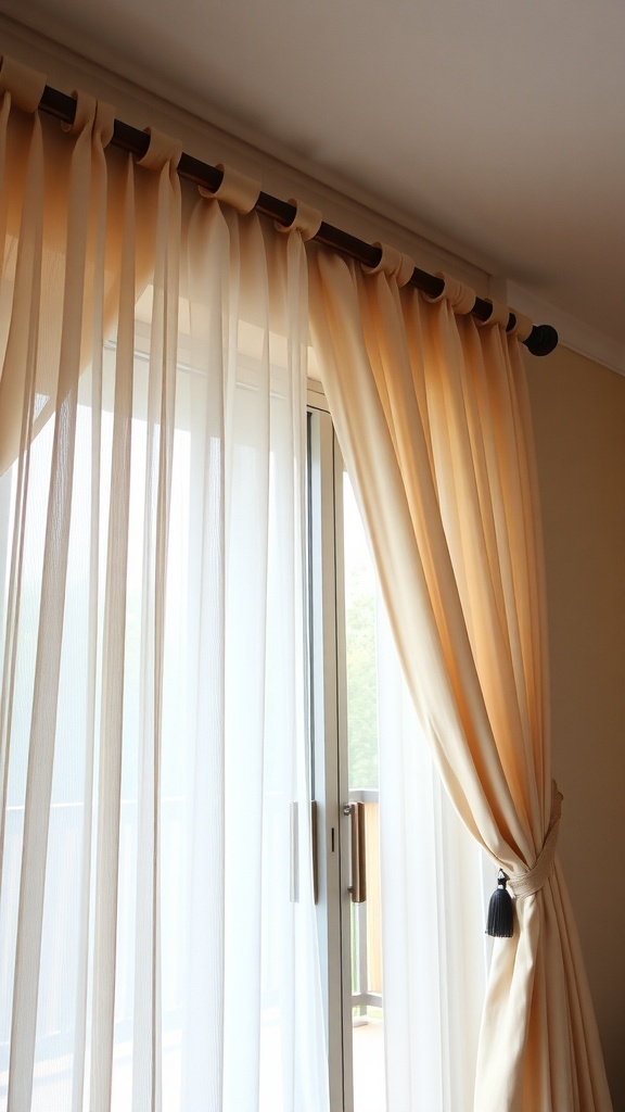 Close-up of curtain rod with sheer and solid drapes for a cozy sliding glass door.