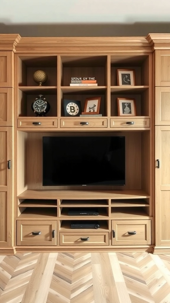 Custom built-in cabinetry with shelves, drawers, and a TV.