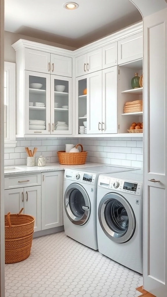 Bright laundry room with white cabinets, washer and dryer, and organized storage.