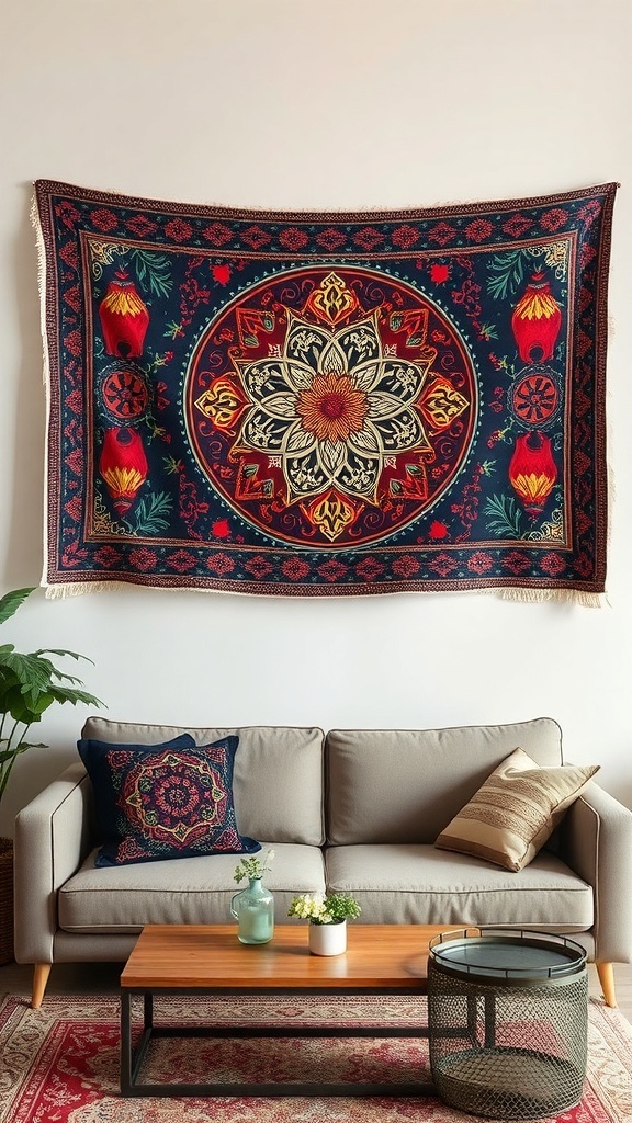 A beautiful custom fabric tapestry above a couch, featuring intricate patterns and vibrant colors.