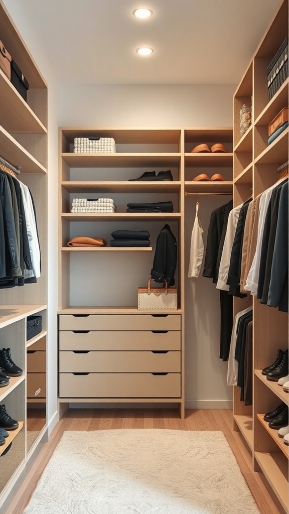 A modern closet with wooden shelves and drawers, neatly organized with clothes and accessories.